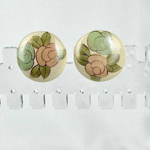 Vintage Japanese Button Ceramic Earrings, Floral Print, Clip on - Picture 1 of 3